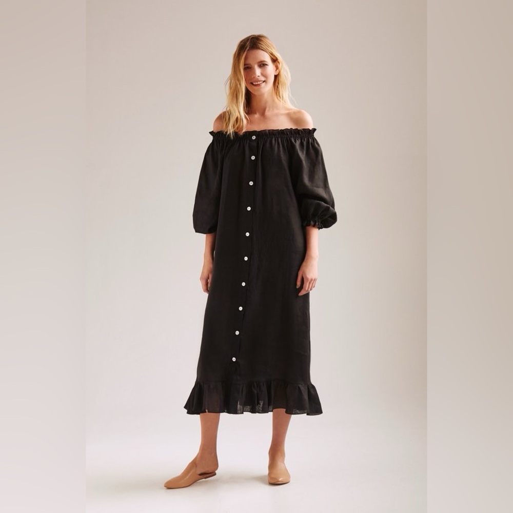 New! Sleeper Caviar Ruffled Off-Shoulder Black Button Front Midi Dress 🖤 OS - Picture 3 of 16